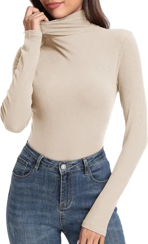 Vista 3 de PALINDA Camisas de manga larga ajustadas con cuello alto acanalado para mujer