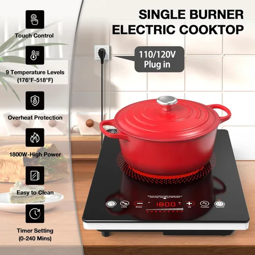 Vista 3 de VBGK - Cocina eléctrica de un solo quemador, estufa eléctrica de 110 V y 1800 W con control táctil LED, quemador eléctrico único de 9 niveles