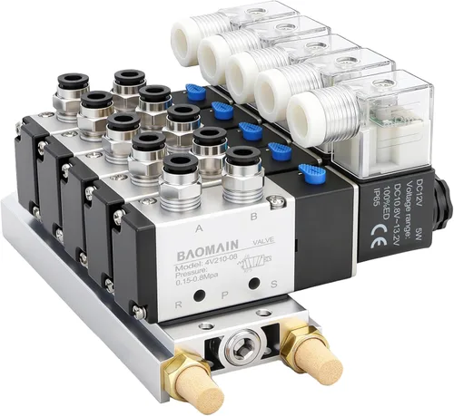 Vista 12 de BAOMAIN 12V DC 5/2 Electroválvula neumática 3 Estación 4V210-08 Kit de colector Includes 3-Station 4V210-08 12V DC Solenoid Valves, 1/4" PT