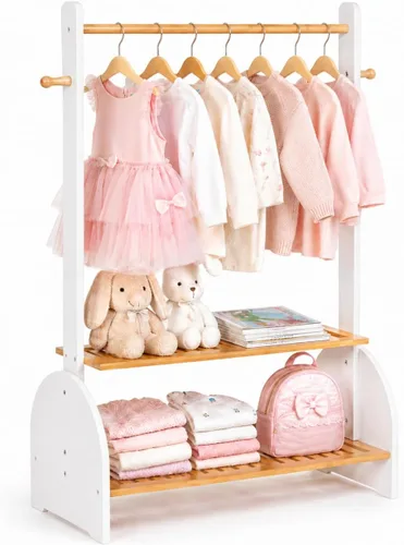 Vista 10 de BAMBOOHOMIE Perchero de ropa para niños con varillas ajustables, perchero de ropa para niños, bebés, mascotas, perchero para niños con 2 estantes