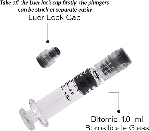 Vista 4 de Jeringa Luer Lock de vidrio de 0.0 fl oz, 100 piezas de borosilicato reutilizable pyrex tubo resistente al calor para laboratorio, líquidos gruesos