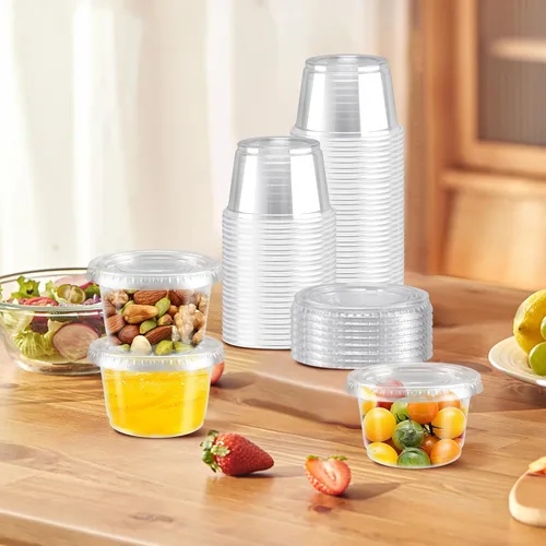 Vista 7 de Paquete de 360 recipientes de condimentos de 4 onzas con tapas, tazas desechables para salsa Clear Plastic Condiment & Jello Shot Cups, Small