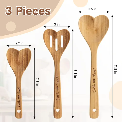Vista 2 de Yinder 3 cucharas de madera en forma de corazón, utensilios de cocina de bambú, cucharas de corazón grabadas para cocina, regalos de boda