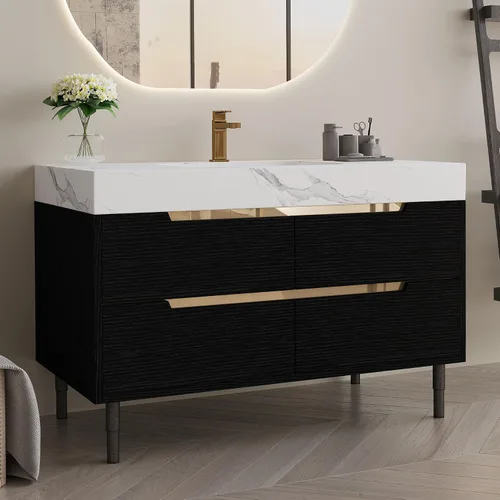 Vista 18 de SSLine Juego de tocador de baño montado en la pared con lavabo moderno de 30 pulgadas con lavabo superior y estante de almacenamiento, armario