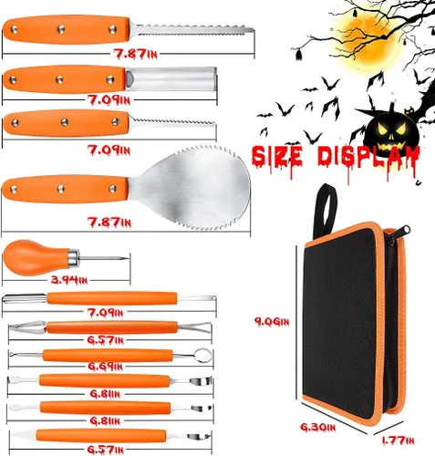 Vista 3 de Kit profesional de tallado de calabaza, 11 piezas de herramientas de tallado de acero inoxidable resistentes para Halloween con estuche de Naranja