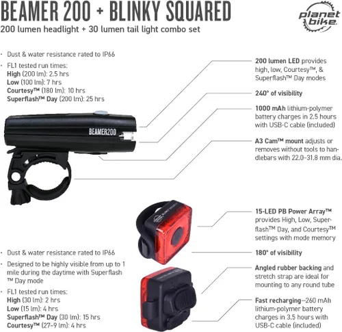 Vista 7 de Planet Bike Juego de luces cuadradas Beamer 200 y Blinky
