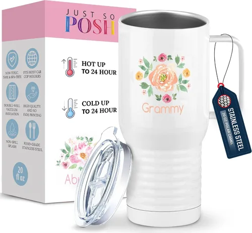 Vista 24 de Just So Posh Abuela Flowers Tumbler, Vaso de Café de Viaje con Asa y Tapa Deslizante, Blanco 20 oz Polar Camel, Acero Inoxidable, Aislado al Vacío