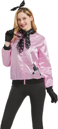 Vista 7 de Chaqueta rosa de los años 50 para mujer, disfraz de grasa para mujeres y niñas, disfraces de los años 50 para mujeres, disfraz de caniche