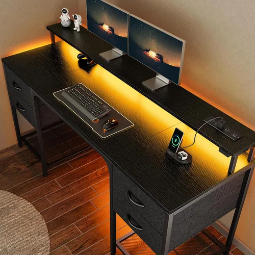 Vista 16 de Huuger Escritorio para computadora de 47 pulgadas con 4 cajones, escritorio para juegos con luces LED y tomas de corriente, escritorio de oficina