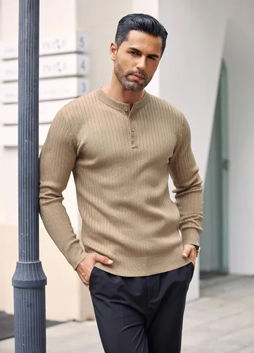 Vista 46 de COOFANDY Suéter de punto Henley para hombre, manga larga, con botones, ligero, para otoño, ajustado, acanalado
