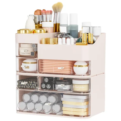 Vista 11 de Organizadores de maquillaje rosa para tocador con 3 cajones, organizadores grandes para el cuidado de la piel para encimera, escritorio, aparador
