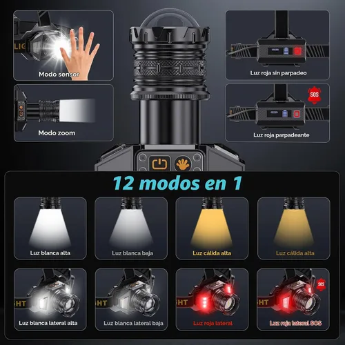 Vista 3 de Linterna frontal LED recargable, 4000 lámpara de cabeza súper brillante con 12 modos y batería de larga duración de 90 horas y sensor de movimiento