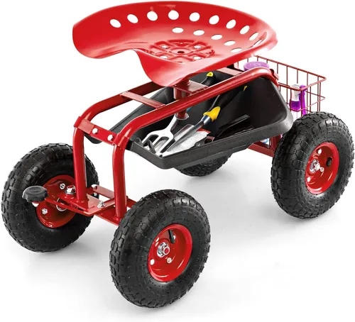 Vista 11 de Goplus Carrito de jardín rodante con asiento, taburete de jardín al aire libre con ruedas, bandeja de herramientas y cesta, mango de dirección