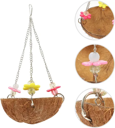 Vista 4 de POPETPOP Nido de pájaro de concha de coco natural – Nido mecedora colgante de pájaro caja nido de loro de coco jaula para pájaros de coco, cabaña