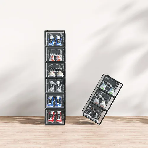 Vista 3 de Paquete de 6 cajas de zapatos apilables de plástico transparente, cajas organizadoras de zapatos con tapas para tenis, estuche para zapatos hasta