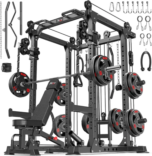 Vista 38 de Rack Multiusos para Sentadillas, Conjunto de Rack de Pesas Smith Machine con Sistema de Crossover de Cables, Racks de Potencia para Gimnasio