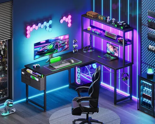 Vista 2 de AODK Escritorio en Forma de L para Gaming con Luz LED y Toma de Corriente, Mesa de Computadora Reversible en Forma de L de 43 Pulgadas con Estante