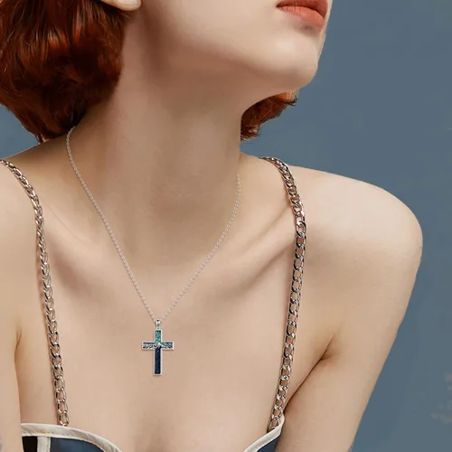 Vista 5 de YFN Collar de cruz de plata de ley, colgante de montaña y océano, joyería religiosa, regalos para mujeres y hombres