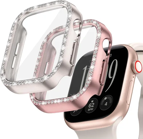 Vista 28 de Goton - Pack de 2 Fundas Bling para Apple Watch con Protector de Pantalla 40mm SE 3/2/1, Series 6/5/4, Funda con Purpurina para Mujer con Diamantes