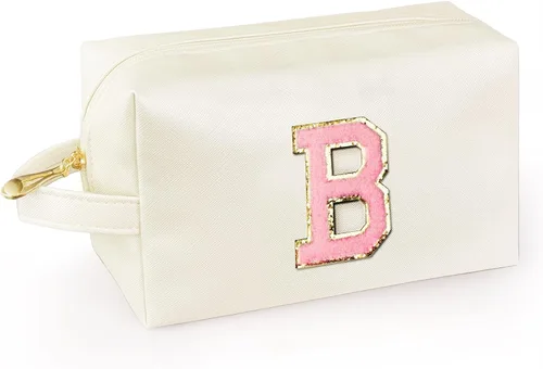 Vista 54 de Bolsa de maquillaje personalizada con inicial con asa, bolsa de cosméticos de preparación con bolsillo interior con cremallera, 8, 9, 10, 11, 12 Rosa