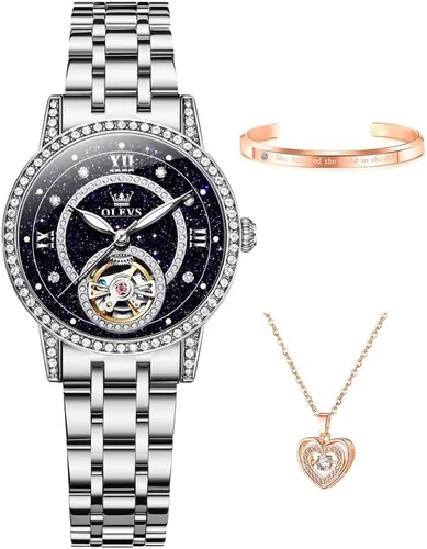 Vista 3 de OLEVS Reloj de pulsera automático con diamantes Tourbillon de lujo de acero inoxidable, impermeable, luminoso, para regalo de mujer, oro rosa, azul