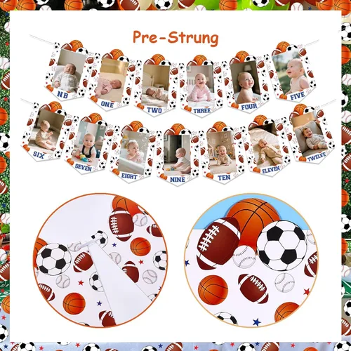 Vista 8 de Sursurprise Decoraciones deportivas de primer cumpleaños, pancarta mensual de fotos para niños, suministros de fiesta de primer cumpleaños