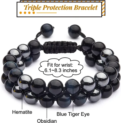 Vista 2 de Ornaland Pulsera de triple protección para hombres y mujeres, ojo de tigre, obsidiana, hematita, 0.315in, pulsera de cristal curativo, alivio
