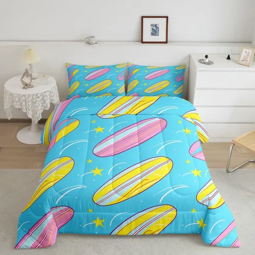 Vista 8 de Erosebridal Juego de edredón de ballena náutica, tamaño individual, juego de ropa de cama vintage azul con ondas oceánicas para niños y niñas