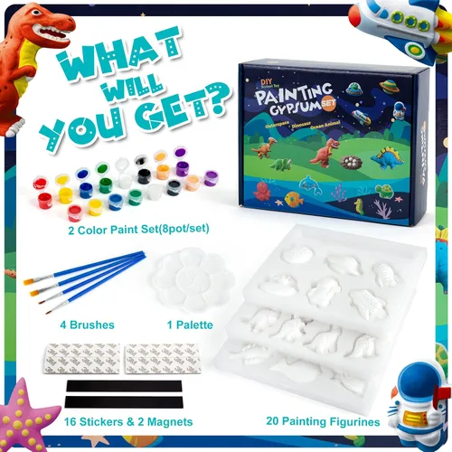 Vista 6 de Juboury Kit de manualidades para niños, pintura en yeso, juego de arte para pintar tu propio espacio, dinosaurios y figuras de vida marina, kit