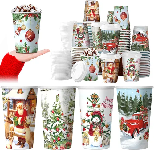 Vista 9 de Gerrii Juego de 100 vasos de papel de Navidad desechables de 12 onzas con tapas, tazas de chocolate caliente, tazas de café, tazas calientes