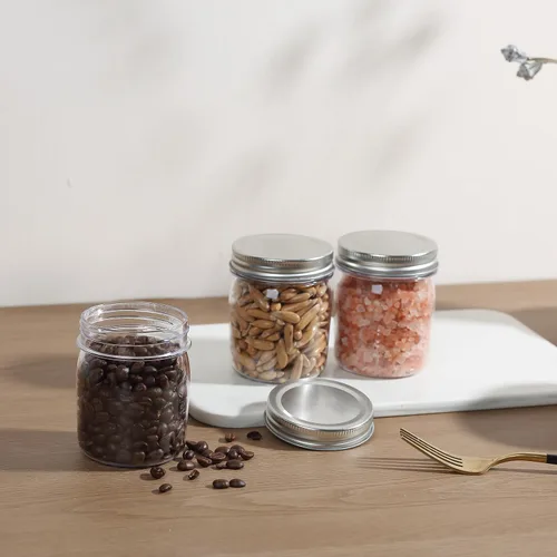 Vista 5 de Paquete de 16 tarros de plástico plateados de 8 onzas con tapas de rosca, recipientes de plástico para almacenamiento de alimentos para almacenar