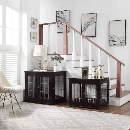Vista 3 de unipaws - Mesa auxiliar estilo mueble con cojín para perros de 36 pulgadas, jaulas de alambre de madera para mascotas con puertas dobles, casa Marrón
