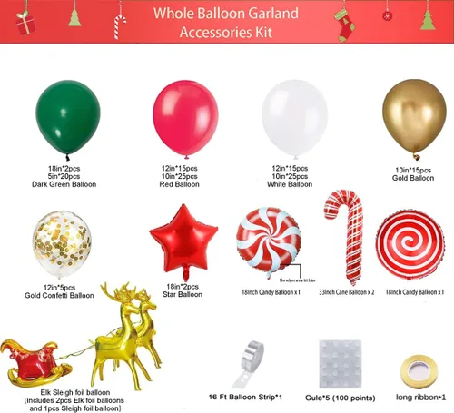 Vista 3 de Kit de arco de guirnalda de globos de Navidad con globos de trineo con lentejuelas rojas, doradas, blancas, verdes, doradas, estrellas, alces