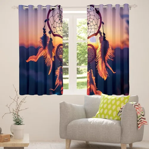 Vista 5 de Cortinas bohemias con atrapasueños para niñas, elegantes, bohemias, atrapasueños, cortinas de ventana de plumas hippie indias para niños