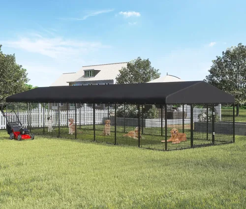 Vista 12 de Petony Perrera para perros al aire libre, valla ideal para perros medianos y pequeños, jaula de revestimiento antioxidante con techo, resistente a