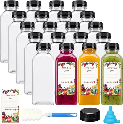 Vista 10 de SUPERLELE 20 botellas de plástico de 2 onzas con tapas, botellas de jengibre reutilizables, transparentes, a granel, para jugo, leche y otras bebidas