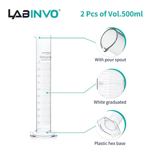 Vista 5 de Juego de cilindros graduados de 16.9 fl oz, 2 piezas de cilindro de medición de vidrio de borosilicato 3.3, base hexagonal, con boquilla, clase B