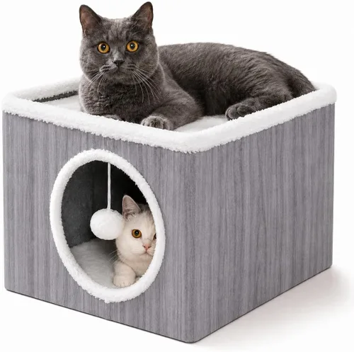 Vista 7 de Casa de condominio para gatos con cojines reversibles y bola esponjosa colgante, cubo plegable para gatos, cama cueva grande para gatitos