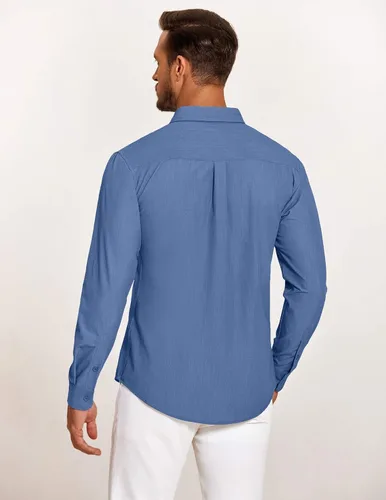 Vista 5 de COOFANDY Camisa casual con botones para hombre, camisa de vestir de mezclilla elástica de manga larga