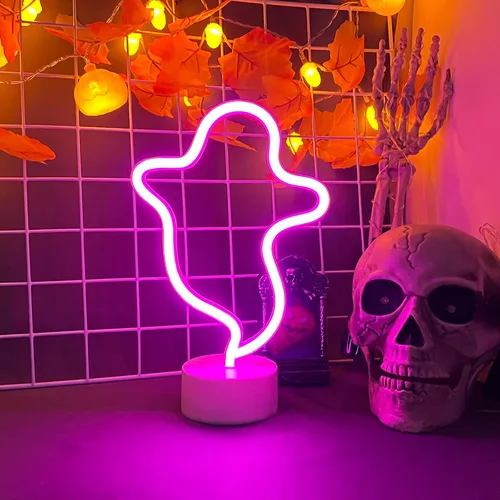 Vista 4 de Señal de neón fantasma de Halloween con base, señal de luz LED, lámpara en forma de fantasma alimentada por batería o USB para decoración de fiesta