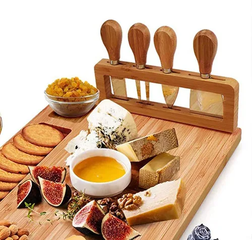Vista 3 de Juego de tablas de queso y cuchillos de bambú, juego de tablas de embutidos grandes y plato de queso