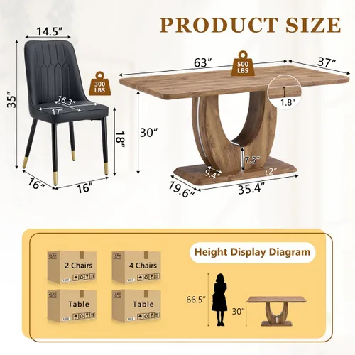 Vista 4 de Moderno juego de mesa de comedor para 6, mesa de cocina de madera con sillas de cuero, juego de mesa de comedor de 7 piezas con parte superior