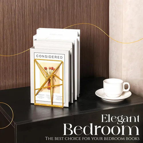 Vista 6 de Sujetalibros decorativos de metal dorado con diseño geométrico para estantes con acabado de recubrimiento en polvo, elegante soporte de escritorio
