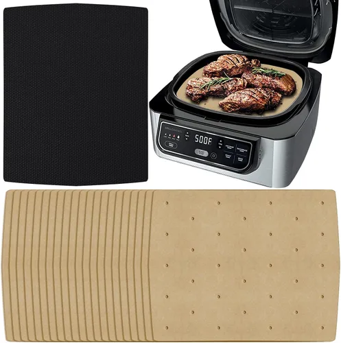 Vista 14 de WMKGG Papel pergamino rectangular para freidora de aire, 100 forros desechables perforados para freidora de aire con 2 alfombrillas de parrilla
