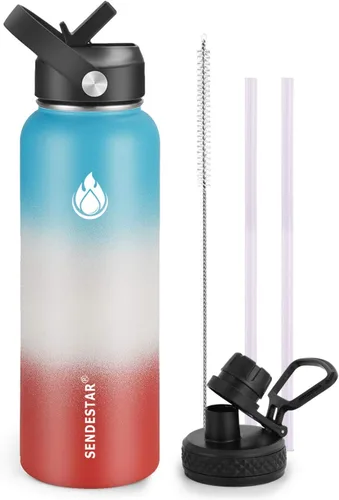 Vista 67 de SENDESTAR Botella de agua aislada de 24 onzas, boca ancha, botella de agua de 24 onzas con tapa con popote, tapa de boquilla, acero inoxidable