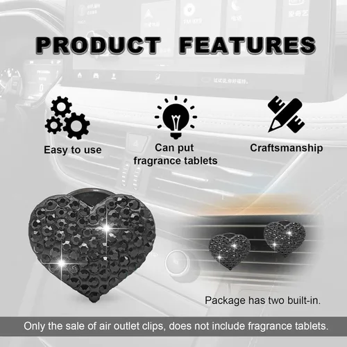 Vista 4 de 2 clips de ventilación de automóvil, dijes de corazón de cristal brillantes, clips de salida de aire acondicionado para automóvil, accesorios