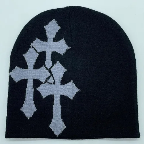 Vista 8 de Y2K Gorro de punto con gráficos cruzados para hombres y mujeres, jacquard, punk, color sólido, sombrero de tendencia para deportes al aire libre