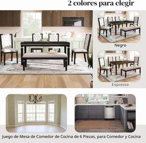Vista 3 de Harper & Bright Designs Juego de 6 sillas de mesa de comedor de cocina, mesa rectangular de 60 pulgadas y 4 sillas copetudas de respaldo alto y 1