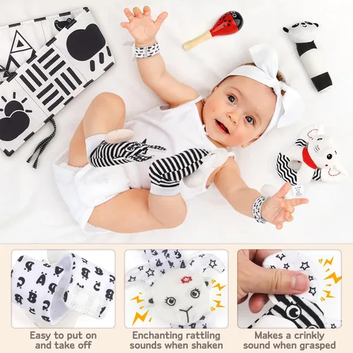 Vista 3 de Dreamon 32 juguetes sensoriales de alto contraste para bebés en blanco y negro, juguetes para recién nacidos con sonajero, libro suave y tarjetas