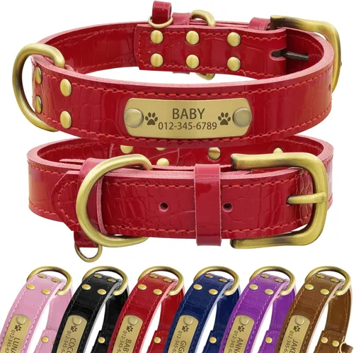 Vista 13 de Collar de perro de cuero genuino personalizado Senristar con placa de nombre grabada - Collar para perro duradero y elegante personalizado para Negro